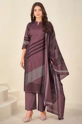 Purple cotton printed hand embroidery kurta set with dupatta