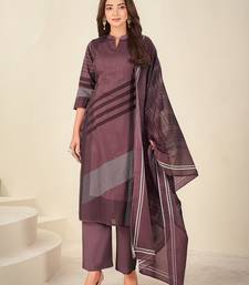 Purple cotton printed hand embroidery kurta set with dupatta