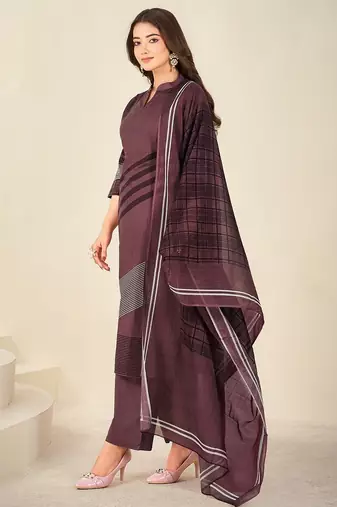 Purple cotton printed hand embroidery kurta set with dupatta