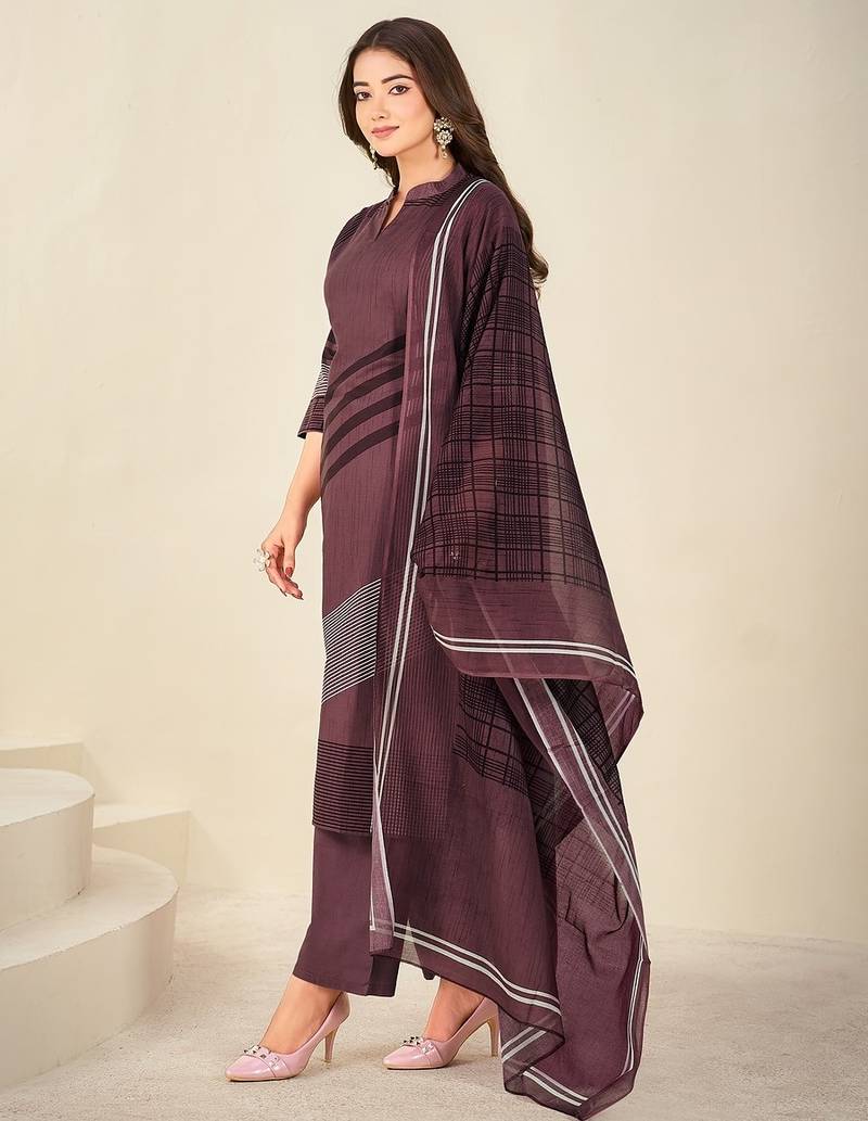 Purple cotton printed hand embroidery kurta set with dupatta
