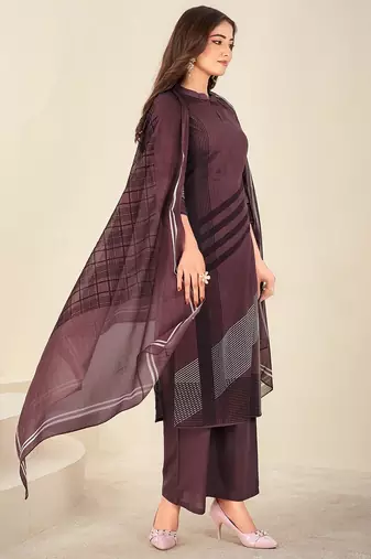 Purple cotton printed hand embroidery kurta set with dupatta