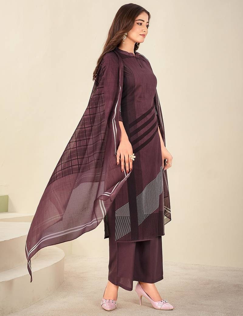 Purple cotton printed hand embroidery kurta set with dupatta
