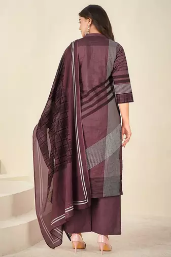 Purple cotton printed hand embroidery kurta set with dupatta