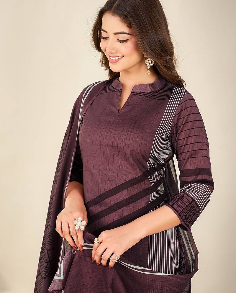 Purple cotton printed hand embroidery kurta set with dupatta
