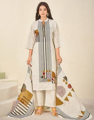 Cream cotton printed hand embroidery kurta set with dupatta 1