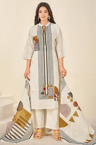 Cream cotton printed hand embroidery kurta set with dupatta
