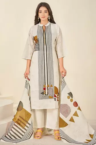 Cream cotton printed hand embroidery kurta set with dupatta