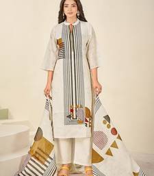 Cream cotton printed hand embroidery kurta set with dupatta