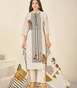 Cream cotton printed hand embroidery kurta set with dupatta