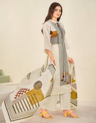 Cream cotton printed hand embroidery kurta set with dupatta 2