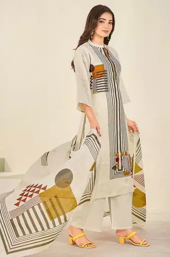 Cream cotton printed hand embroidery kurta set with dupatta