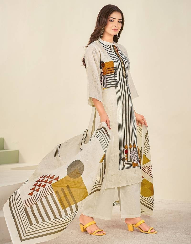 Cream cotton printed hand embroidery kurta set with dupatta