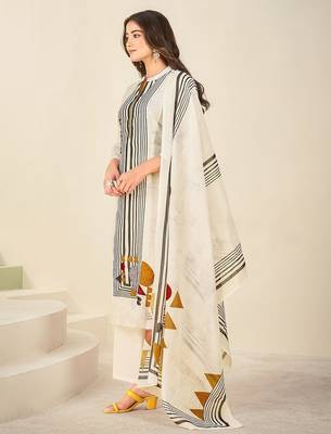 Cream cotton printed hand embroidery kurta set with dupatta 3