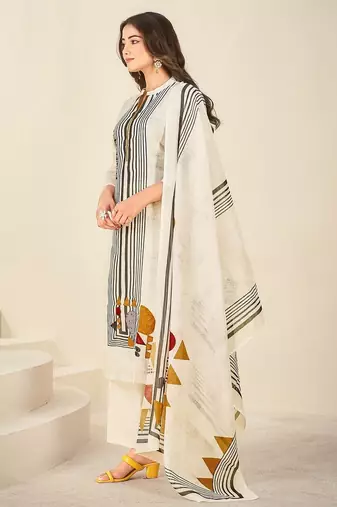 Cream cotton printed hand embroidery kurta set with dupatta