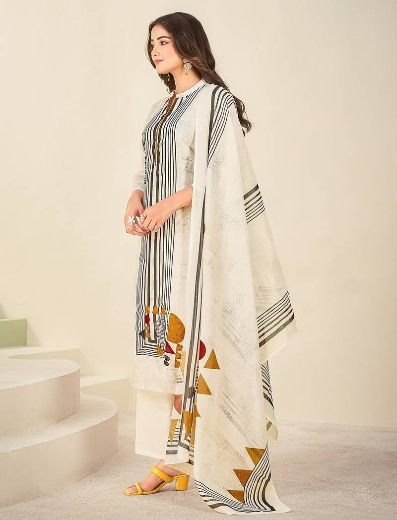 Cream cotton printed hand embroidery kurta set with dupatta