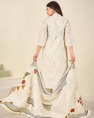 Cream cotton printed hand embroidery kurta set with dupatta 4