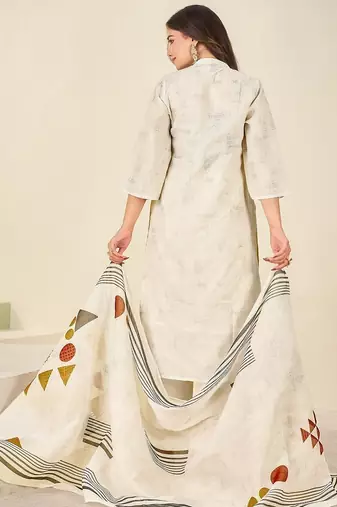 Cream cotton printed hand embroidery kurta set with dupatta