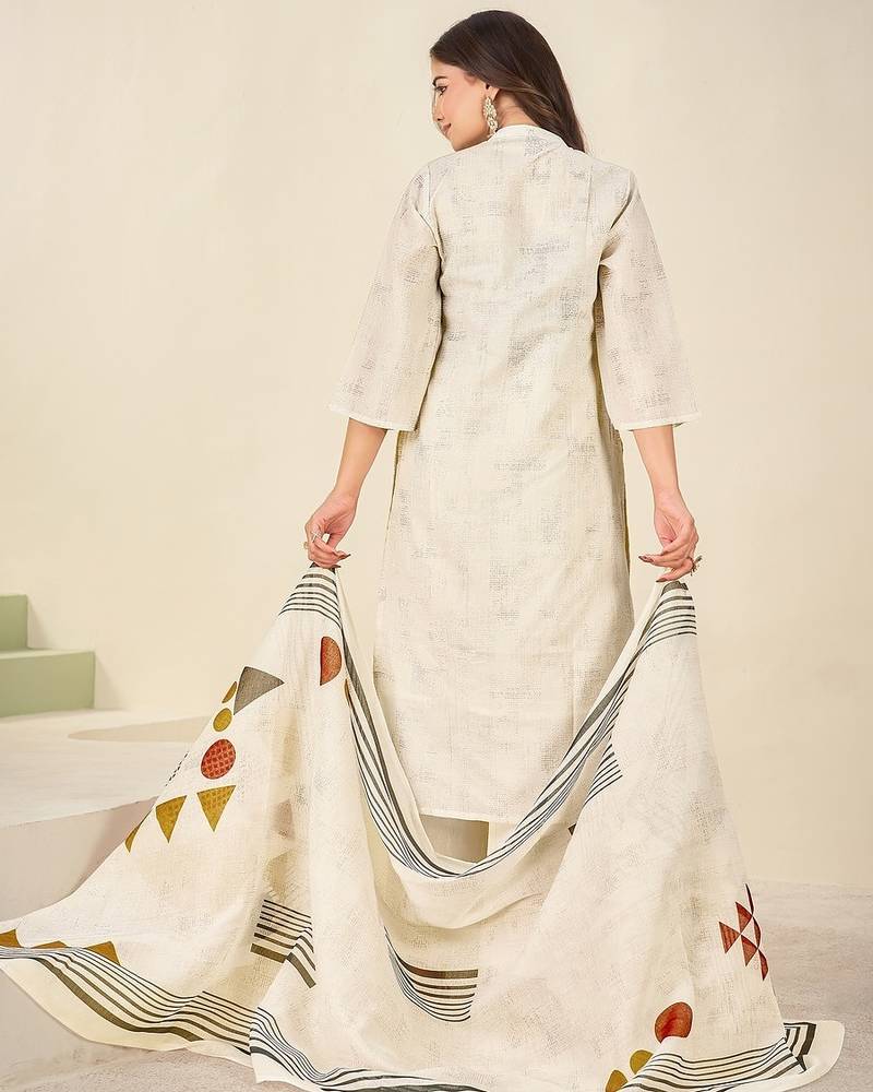 Cream cotton printed hand embroidery kurta set with dupatta