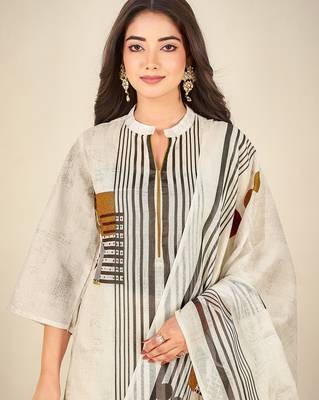 Cream cotton printed hand embroidery kurta set with dupatta 5