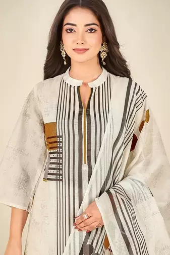 Cream cotton printed hand embroidery kurta set with dupatta