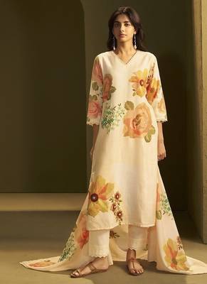 Yellow linen printed hand embroidery kurta set with dupatta 1