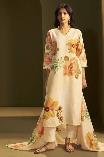 Yellow linen printed hand embroidery kurta set with dupatta