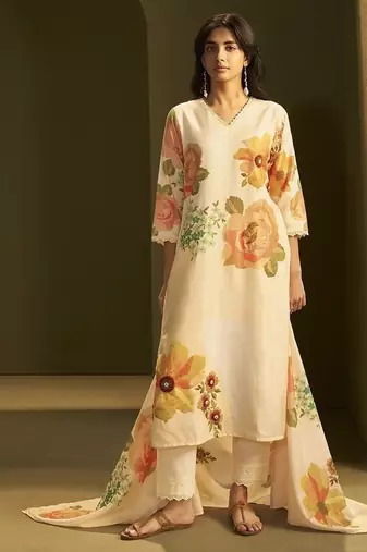 Yellow linen printed hand embroidery kurta set with dupatta