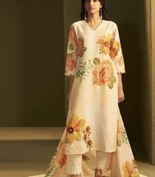 Yellow linen printed hand embroidery kurta set with dupatta
