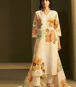 Yellow linen printed hand embroidery kurta set with dupatta