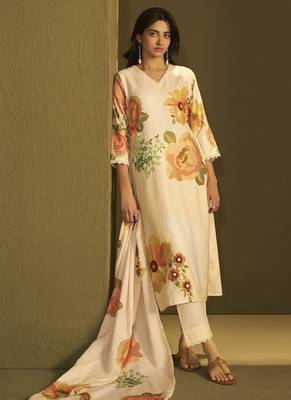 Yellow linen printed hand embroidery kurta set with dupatta 2
