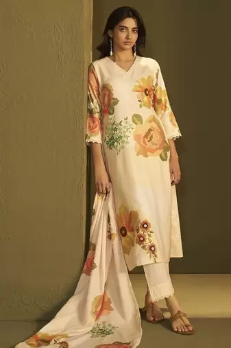 Yellow linen printed hand embroidery kurta set with dupatta