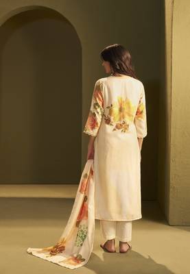 Yellow linen printed hand embroidery kurta set with dupatta 3