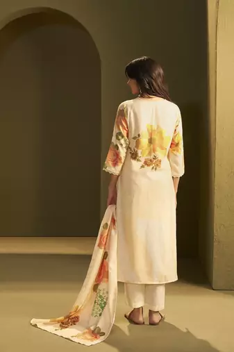Yellow linen printed hand embroidery kurta set with dupatta