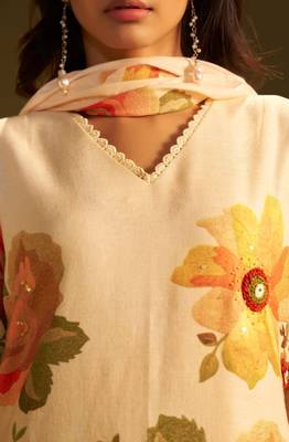 Yellow linen printed hand embroidery kurta set with dupatta 4