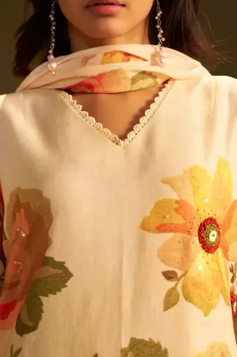 Yellow linen printed hand embroidery kurta set with dupatta