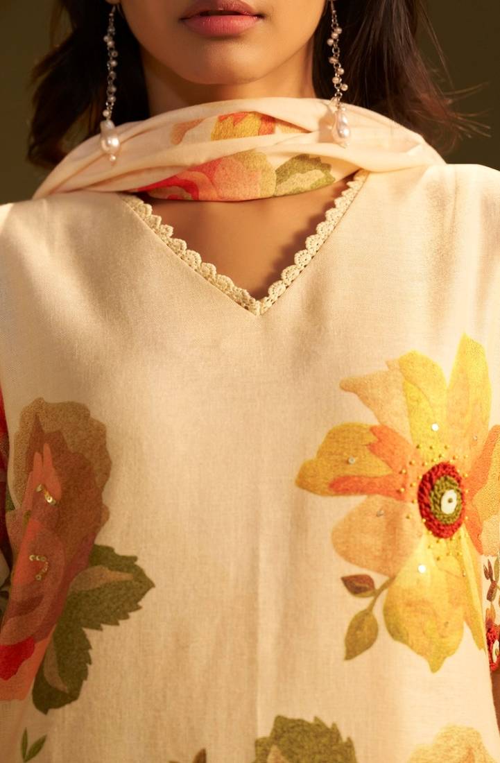 Yellow linen printed hand embroidery kurta set with dupatta