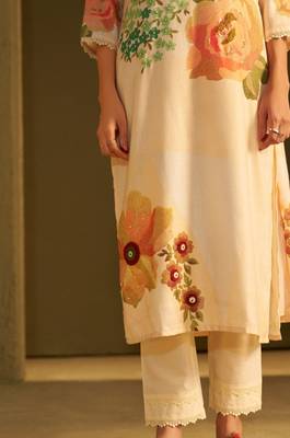 Yellow linen printed hand embroidery kurta set with dupatta 5