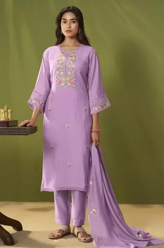 Lavender chanderi printed hand embroidery kurta set with dupatta