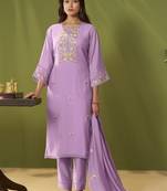 Lavender chanderi printed hand embroidery kurta set with dupatta