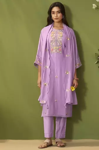 Lavender chanderi printed hand embroidery kurta set with dupatta
