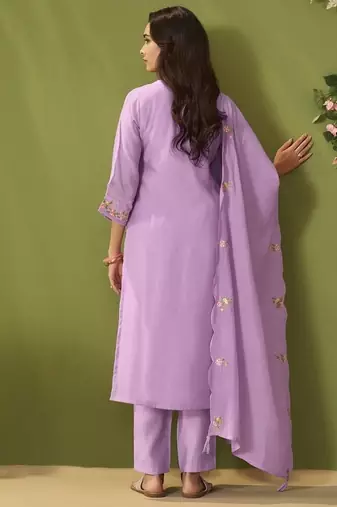 Lavender chanderi printed hand embroidery kurta set with dupatta