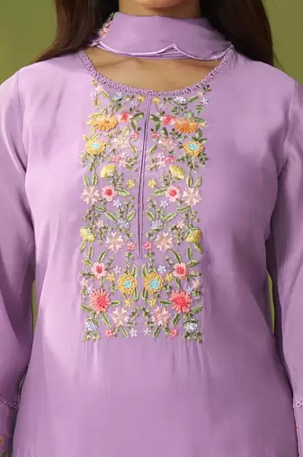Lavender chanderi printed hand embroidery kurta set with dupatta