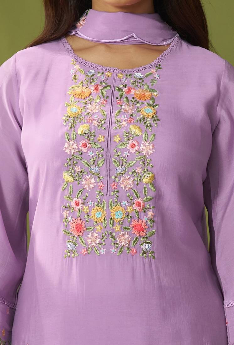 Lavender chanderi printed hand embroidery kurta set with dupatta
