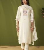 Cream chanderi printed hand embroidery kurta set with dupatta