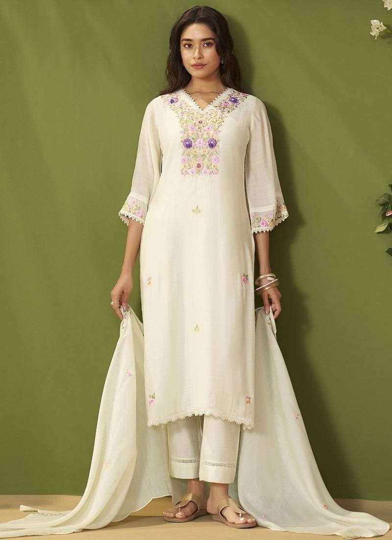 Cream chanderi printed hand embroidery kurta set with dupatta