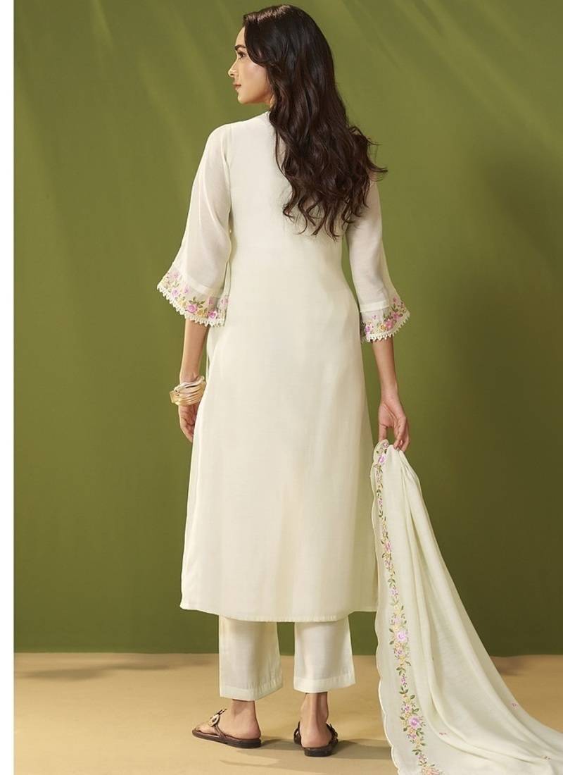 Cream chanderi printed hand embroidery kurta set with dupatta