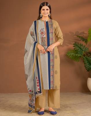 Khaki cotton printed hand embroidery kurta set with dupatta 1