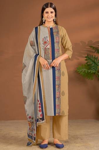 Khaki cotton printed hand embroidery kurta set with dupatta