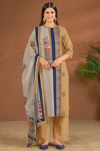 Khaki cotton printed hand embroidery kurta set with dupatta