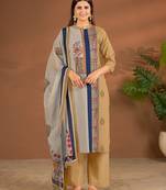 Khaki cotton printed hand embroidery kurta set with dupatta